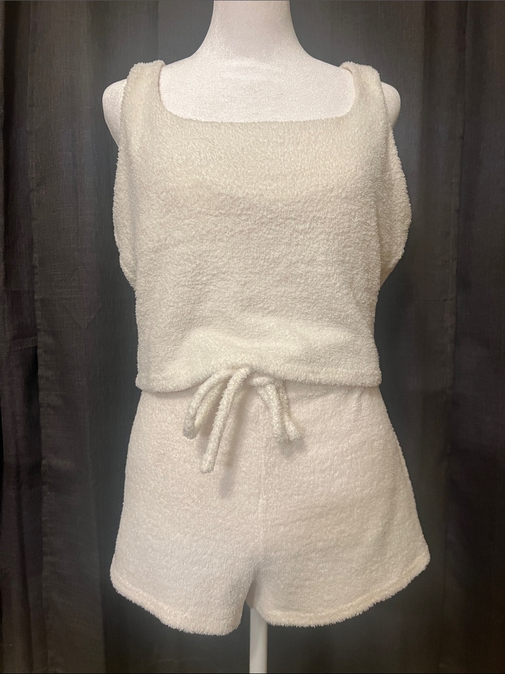 Yitty by Lizzo 'Pet Me' Fuzzy Knit Cropped Tank & Shorts Lounge Set, Cream/White